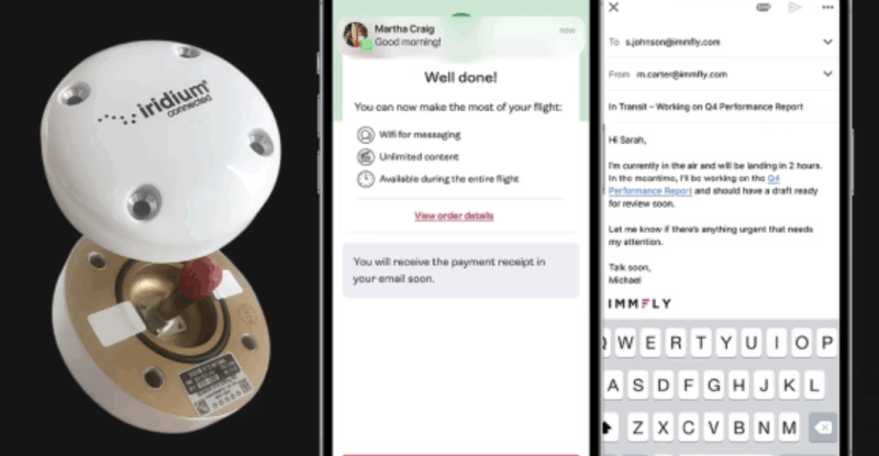 Multiple mobile devices are showing the Immfly interface for TUI next to an Iridium antenna