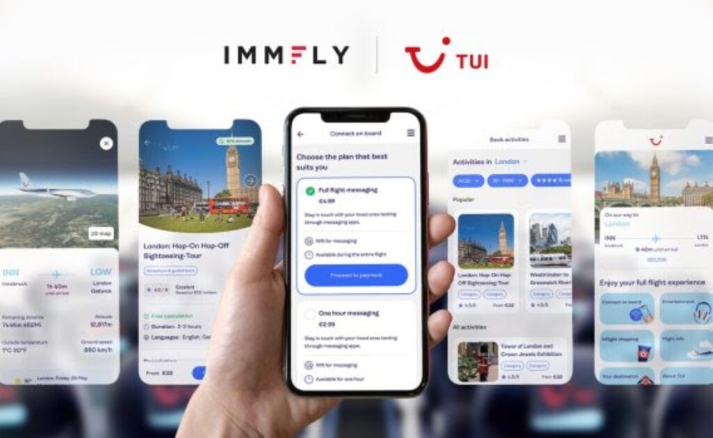 Multiple mobile devices are showing the Immfly interface for inflight text messaging on TUI