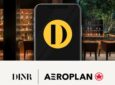 A mobile device is being held up in front of a restaurant with the DINR logo on it. Aeroplan and DINR are also represented by logos below the photo.