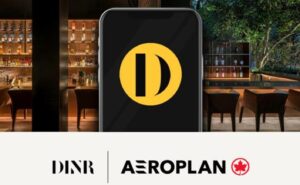 A mobile device is being held up in front of a restaurant with the DINR logo on it. Aeroplan and DINR are also represented by logos below the photo.