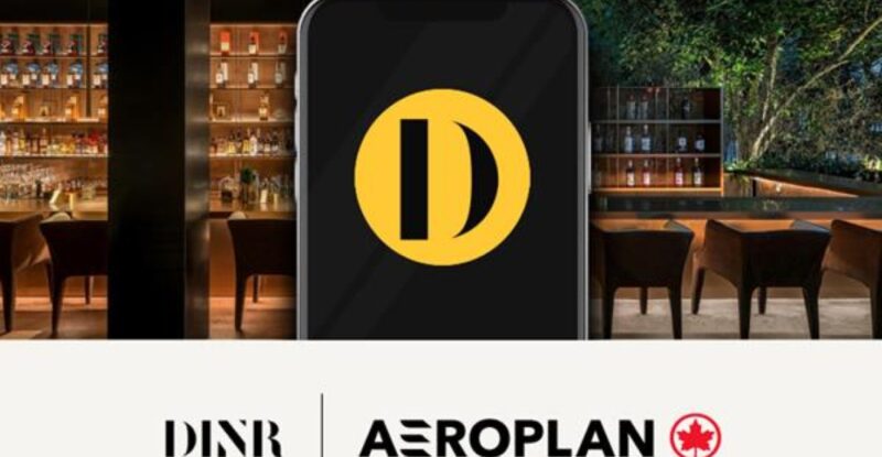 A mobile device is being held up in front of a restaurant with the DINR logo on it. Aeroplan and DINR are also represented by logos below the photo.
