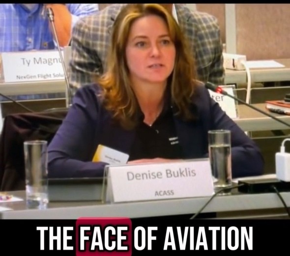 Denise Buklis at a conference with the title below her image saying, "The Face of Aviation."