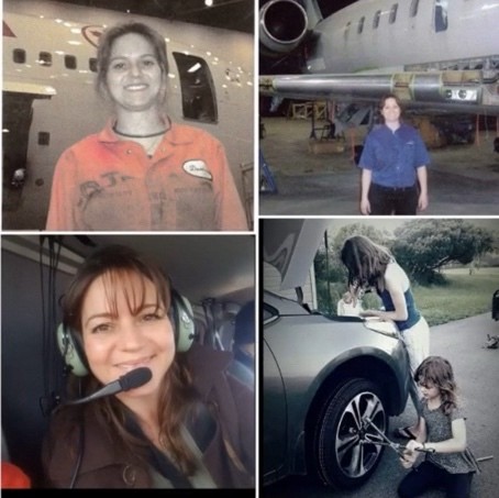 Various images of Denise Buklis as a child and an adult, including of her in and around aircraft and helping her mother on a car.
