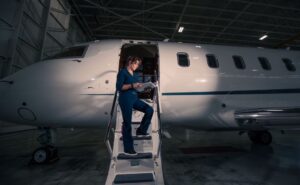 Denise Buklis standing on the stairs of a bizjet in the hangar at night.