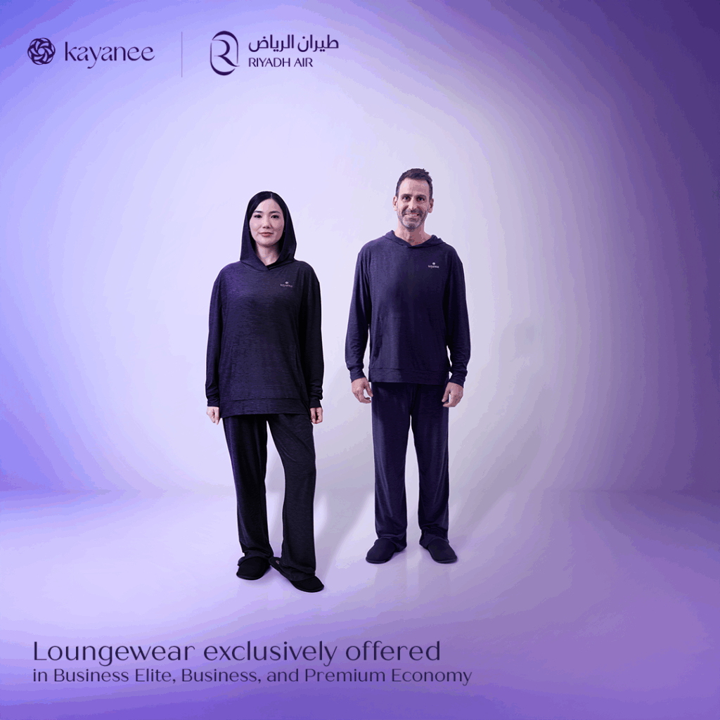 Kayanee/Riyadh Air branded loungewear for passengers on both male and female presenting models.