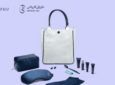 Riyadh Air amenity kit by Kayanee shows some contents such as eye mask, lotions, and a white bag for storage.