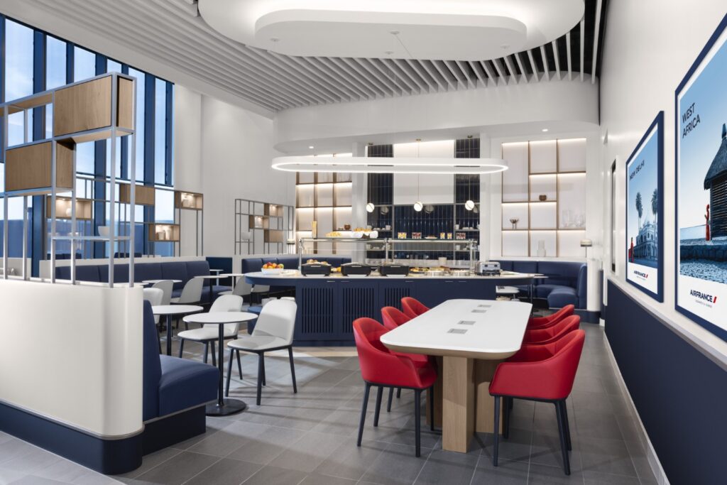Various seating options are seen here in the lounge space at Chicago Airport.