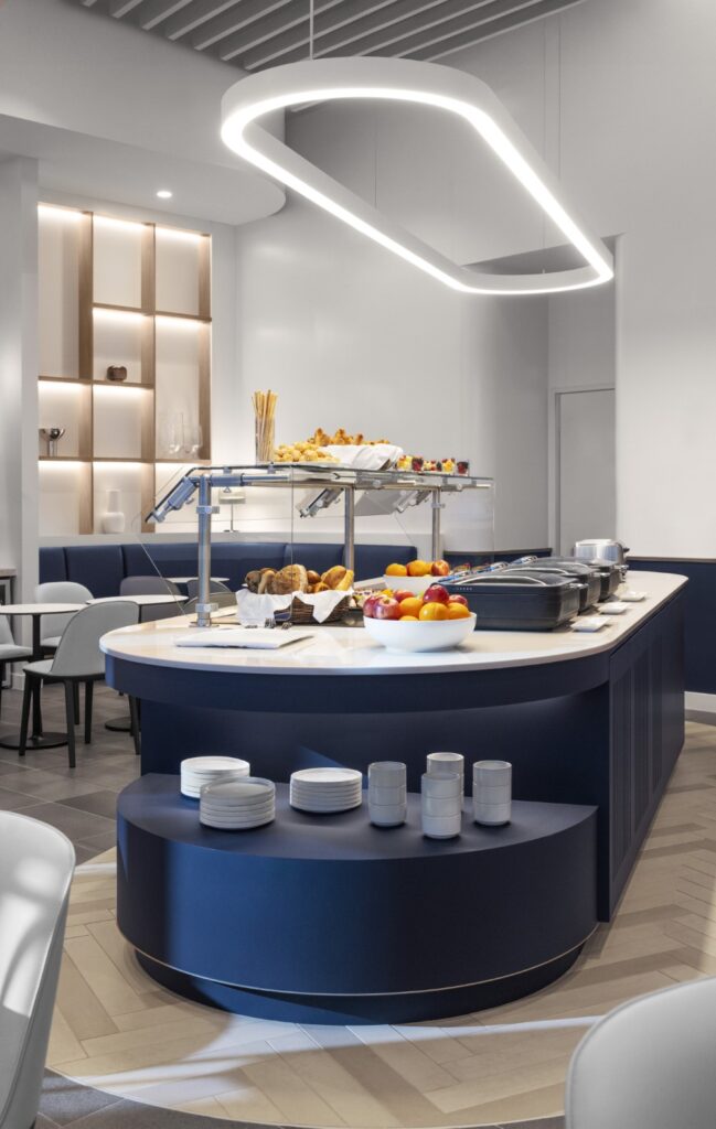 A buffet area is set up in the Air France lounge at Chicago O'Hare