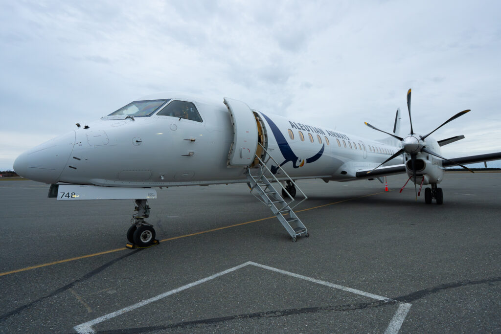 Aleutian Saab 2000 ready for boarding via jet stairs.