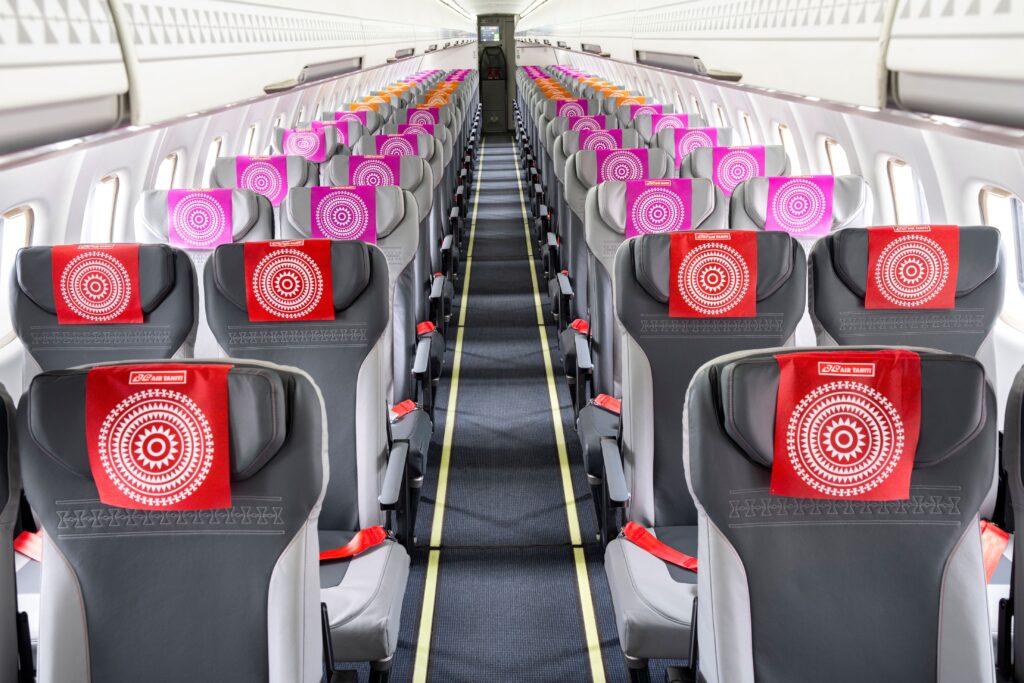 Inside the colorful cabin of an Air Tahiti ATR