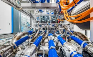 Beyond Aero hydrogen-electric powertrain lab with fuel cell channels in action.