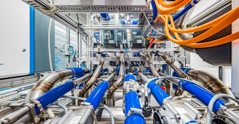Beyond Aero hydrogen-electric powertrain lab with fuel cell channels in action.