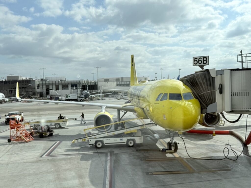 Spirit Airlines A320 is at the gate for boarding