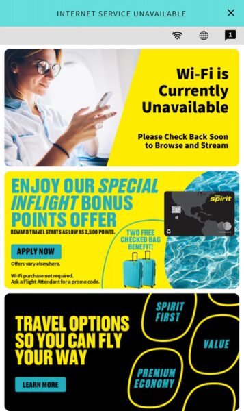 A notice on the passenger's device that Wi-Fi is currently unavailable.