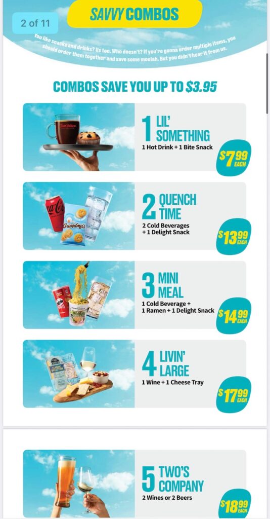 Inflight menu with a focus on the various combos on offer