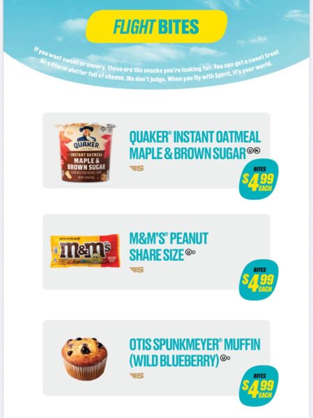 An array of flight bites including M&Ms and oatmeal.