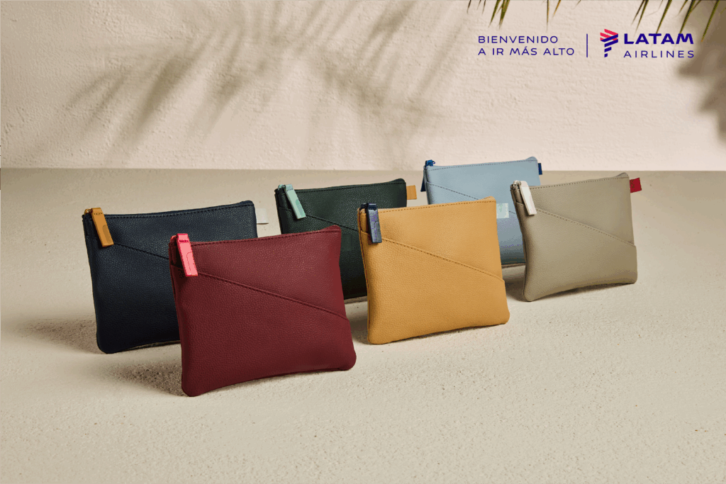 Amenity kits, in burgundy, dark blue, light blue, dark green and stone are seen here. 