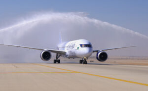 Riyadh Air Boeing 787-9 landing with a water salute.
