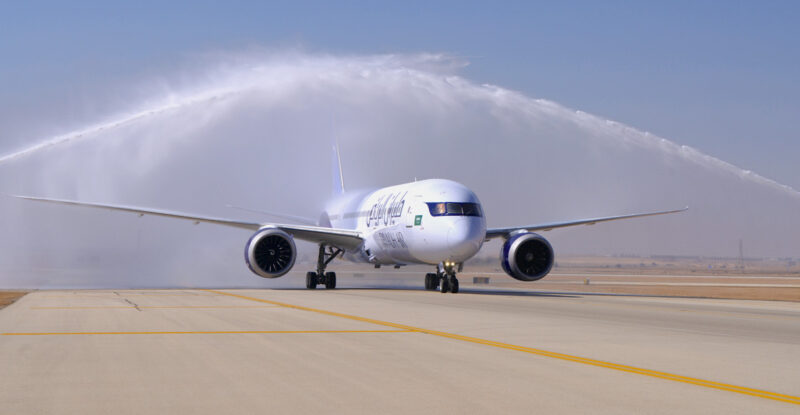 Riyadh Air Boeing 787-9 landing with a water salute.
