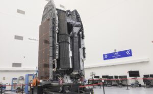 ViaSat-3 F2 satellite in the El Segundo, Calif. Boeing satellite factory ahead of containerization and shipment. (Boeing photo by Erik Isakson)