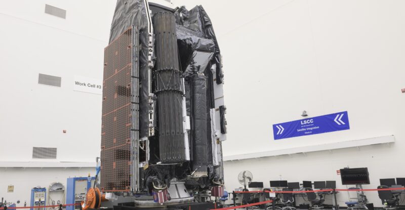 ViaSat-3 F2 satellite in the El Segundo, Calif. Boeing satellite factory ahead of containerization and shipment. (Boeing photo by Erik Isakson)