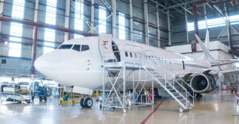 White narrowbody in the hangar