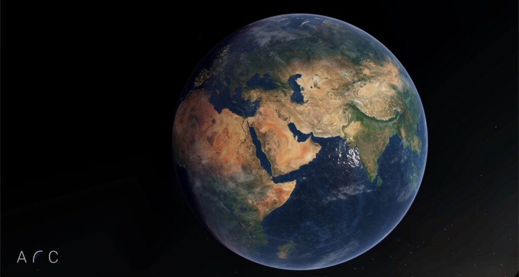 A image of the earth from space with the Arc logo in the bottom left corner.