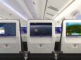 3 seats in an aircraft from the back showing different aspects on each of their IFE screens.