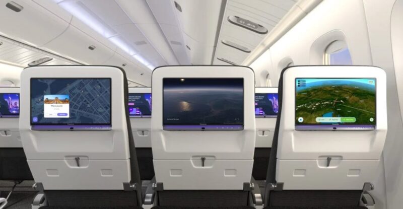 3 seats in an aircraft from the back showing different aspects on each of their IFE screens.