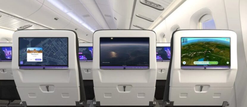 3 seats in an aircraft from the back showing different aspects on each of their IFE screens.
