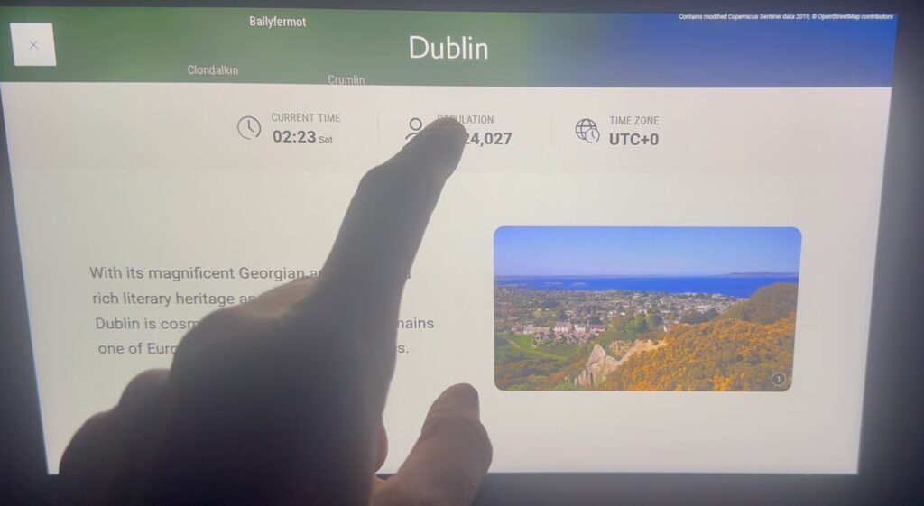 Panasonic Avionics inflight Arc map is being used by a passenger to explore facts about the city of Dublin