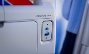 USB-A and USB-C port on the seatback of the new Southwest seat.