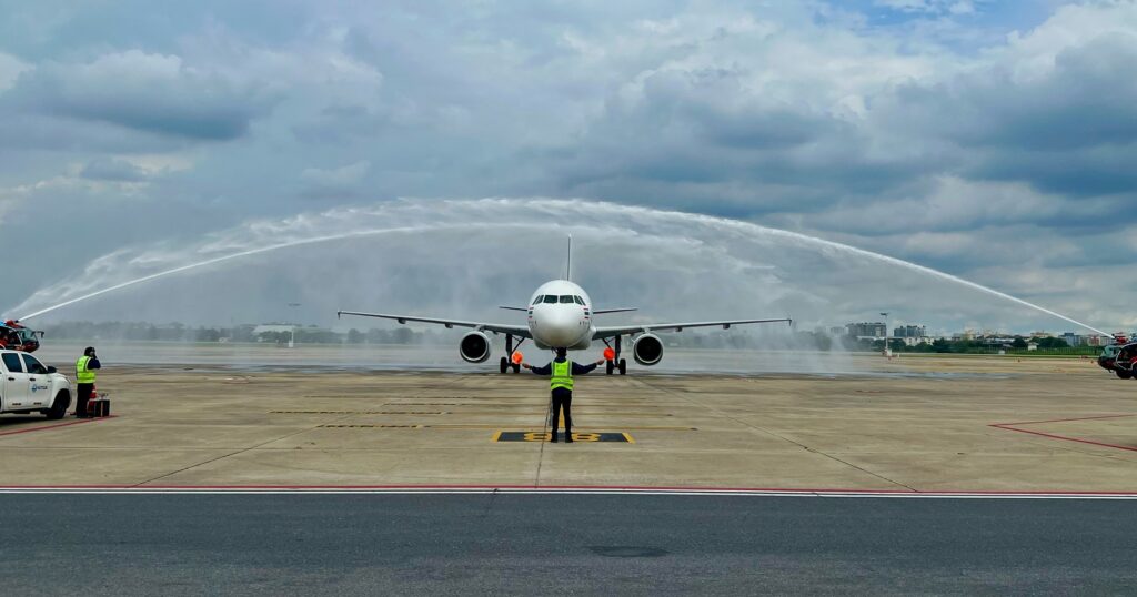Water cannon salute for the Thai SmartLynx aircraft 