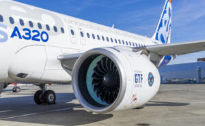 The GTF Advantage engine and lower half of an Airbus A320
