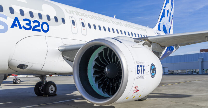 The GTF Advantage engine and lower half of an Airbus A320