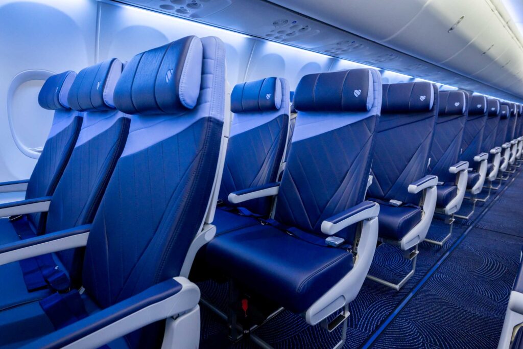 The Southwest RECARO R2 Extra Legroom seats feature a sky blue sunray design that is visible from the front and back.