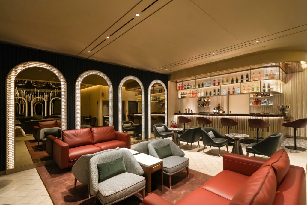 Focal bar and seating in British Airways' new Dubai lounge