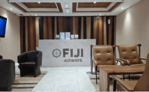 Fiji Airways lounge entrance desk at Sheraton Fiji Golf & Beach