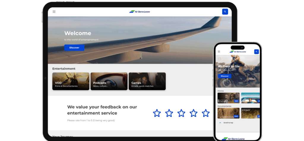 Air Sierra Leone W-IFE portal is shown on a tablet and a mobile device. 