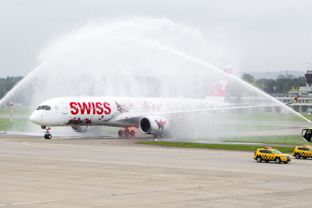Water salute for SWISS' A350-900 at Zurich Airport.