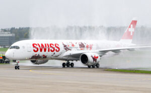 Water salute for SWISS' A350-900 at Zurich Airport