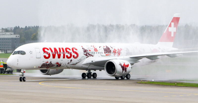 Water salute for SWISS' A350-900 at Zurich Airport