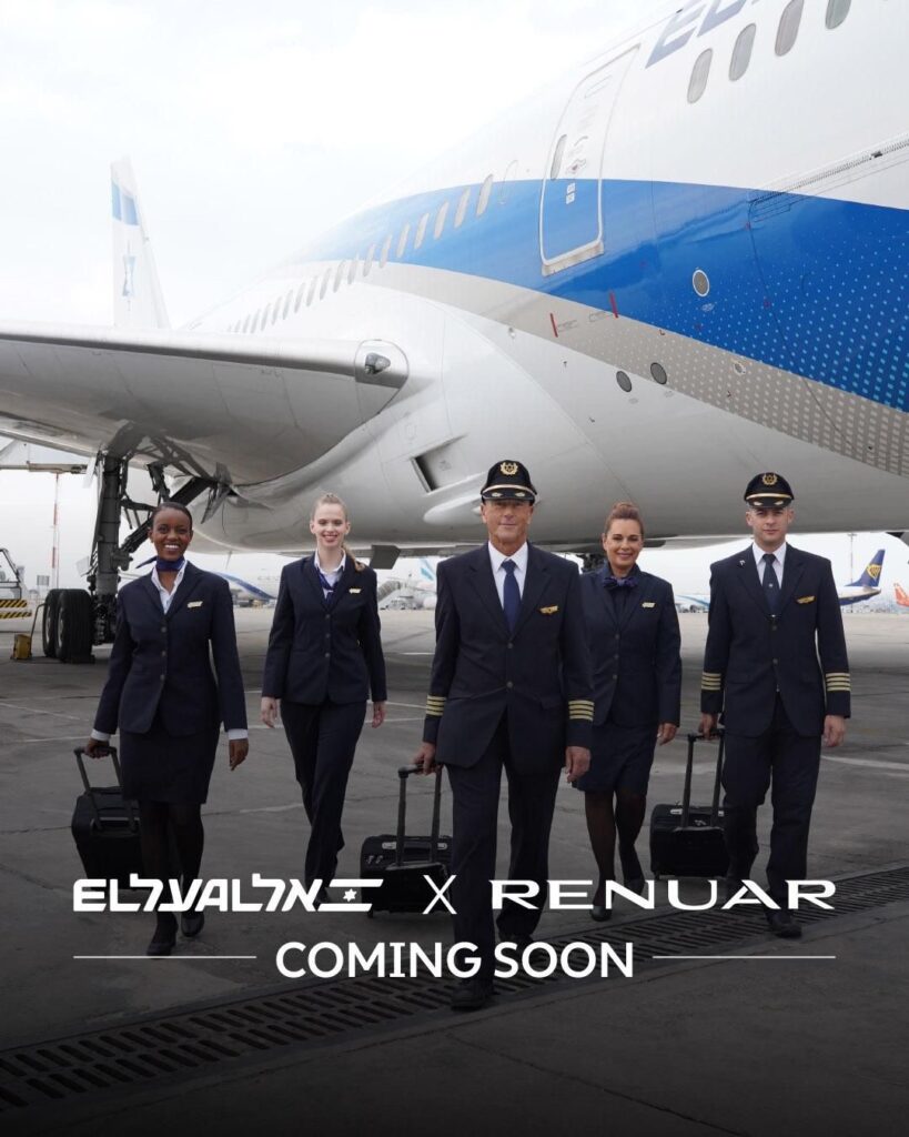EL AL crew members stand in front of an aircraft. The words "EL AL X Renuar, coming soon" are below them.