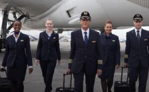 EL AL crew members stand in front of an aircraft in new uniforms.