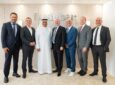 (from left to right) Aziz Koseni, Head of Sales and Account Management, EMEA, Panasonic Avionics; Daniel Kerrison, Senior Vice President, flydubai; Ghaith Al Ghaith, Chief Executive Officer, flydubai; Ken Sain, Chief Executive Officer, Panasonic Avionics; Hernan Abbes, Vice President Global Sales, Panasonic Avionics; Tom Eskola, Vice President of Panasonic Technical Services, Panasonic Avionics; Ismaili Yajid, Regional Account Director, Sales and Marketing, Panasonic Avionics