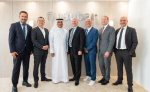 (from left to right) Aziz Koseni, Head of Sales and Account Management, EMEA, Panasonic Avionics; Daniel Kerrison, Senior Vice President, flydubai; Ghaith Al Ghaith, Chief Executive Officer, flydubai; Ken Sain, Chief Executive Officer, Panasonic Avionics; Hernan Abbes, Vice President Global Sales, Panasonic Avionics; Tom Eskola, Vice President of Panasonic Technical Services, Panasonic Avionics; Ismaili Yajid, Regional Account Director, Sales and Marketing, Panasonic Avionics