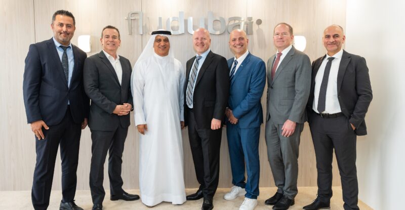 (from left to right) Aziz Koseni, Head of Sales and Account Management, EMEA, Panasonic Avionics; Daniel Kerrison, Senior Vice President, flydubai; Ghaith Al Ghaith, Chief Executive Officer, flydubai; Ken Sain, Chief Executive Officer, Panasonic Avionics; Hernan Abbes, Vice President Global Sales, Panasonic Avionics; Tom Eskola, Vice President of Panasonic Technical Services, Panasonic Avionics; Ismaili Yajid, Regional Account Director, Sales and Marketing, Panasonic Avionics