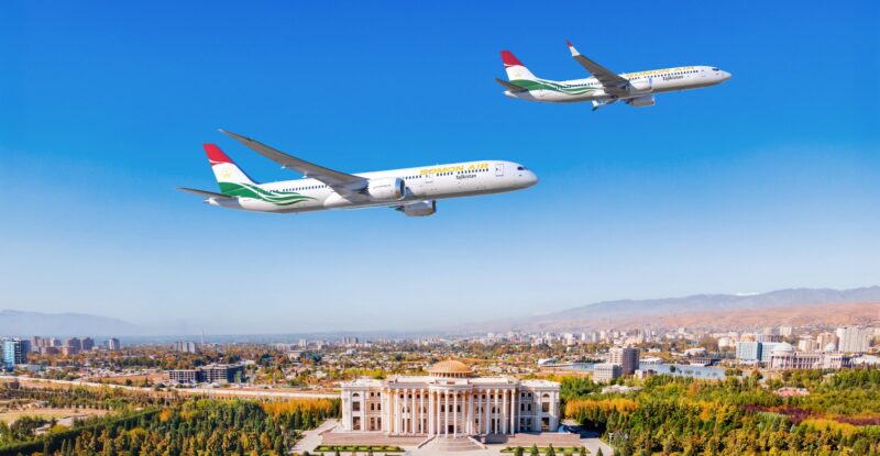 Rendering of Somon Air 787 and 737 jets in flight over a city