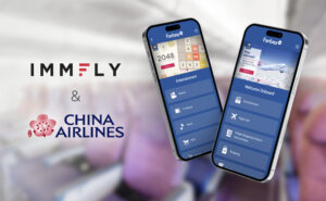 Two mobile devices are showing Immfly's W-IFE portal for China Airlines.