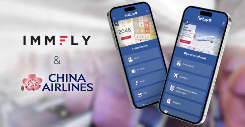Two mobile devices are showing Immfly's W-IFE portal for China Airlines.